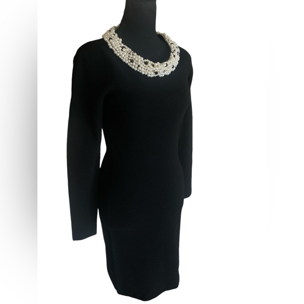 MILLY Vintage Merino Wool Dress Pearl Rhinestone Embellished Black Size P (0-2)